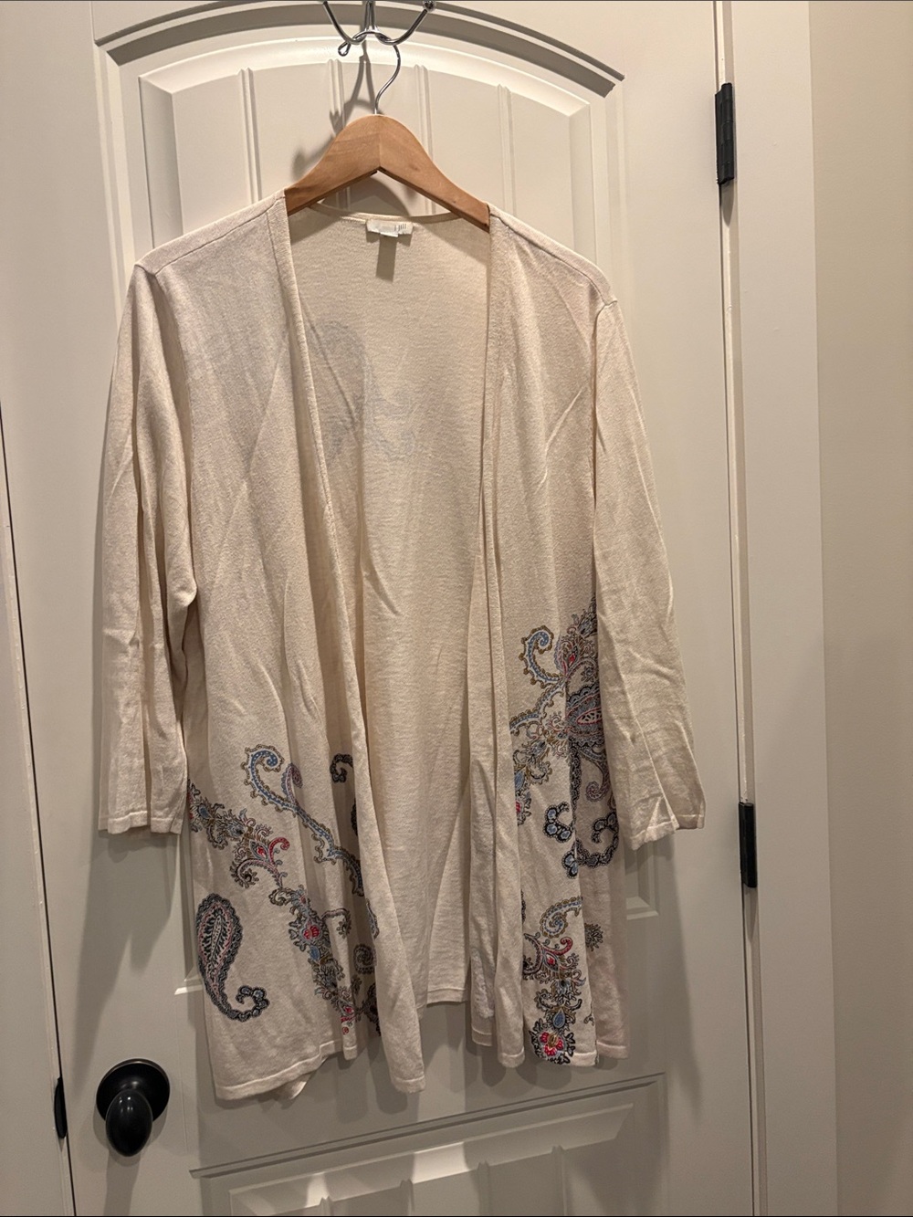J. Jill Cream Open-Front Cardigan with Paisley Trim